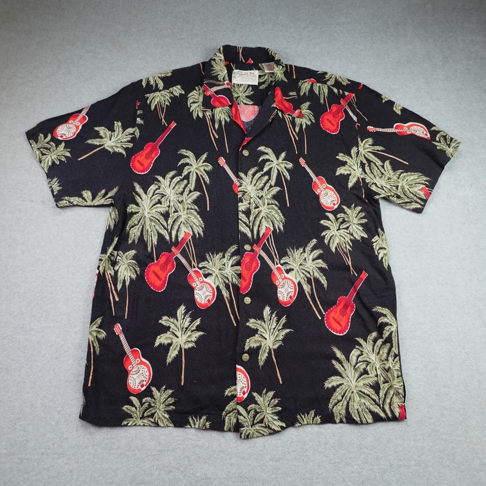 Thumbs Up Shirt Mens Large Black Tropical Button Front Aloha Guitar Hawaiian
